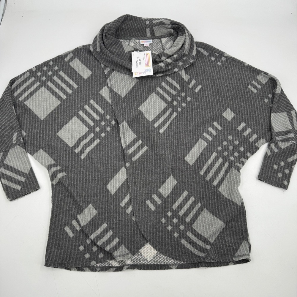 LuLaRoe Kristen Plaid Cowl Neck 3/4 Sleeve Top Women's Small Gray Comfy Pullover